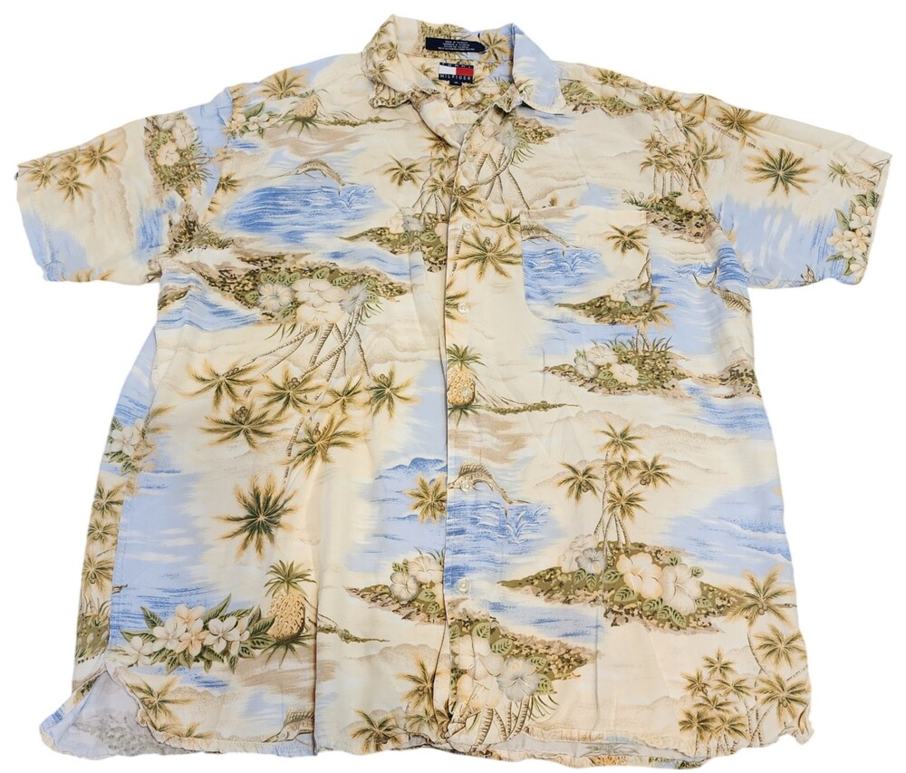Tommy Hilfiger Shirt Men Palm Tree Hawaiian Button Front Short Sleeves VINTAGE